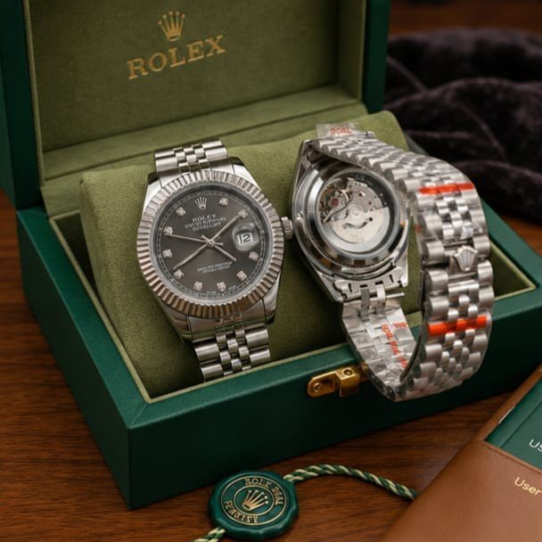 Luxury Rolex-Style Datejust Grey Diamond Dial Men's Watch - Automatic Movement with Fluted Bezel & Jubilee Chain + Premium Box